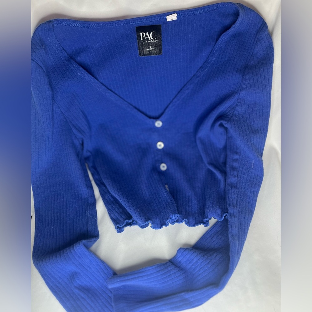 PACSUN Blue Ribbed Crop Top with Buttoned Front